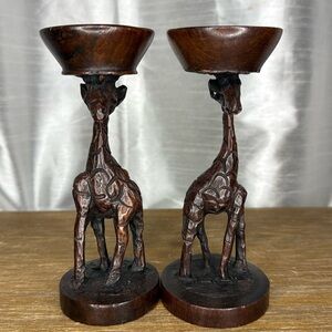 Vintage Art Deco Wooden Giraffe 6” Candle Holder Hand Carved Dark Wood Set of 2